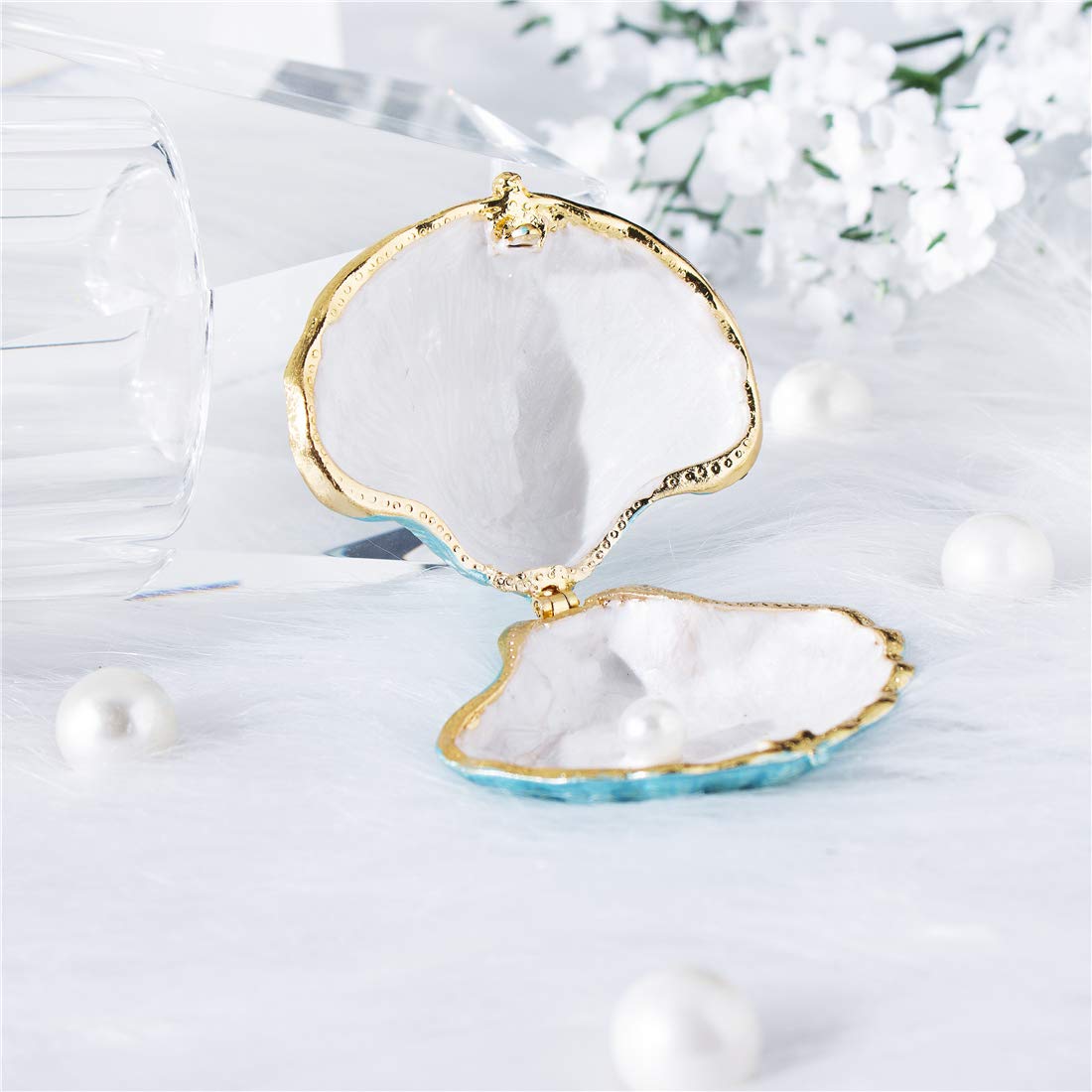 H&D HYALINE & DORA Metal Glass Trinket Box Ring Holder Small Seashell Figurine Collectible Table Centerpiece (pearl mussel)