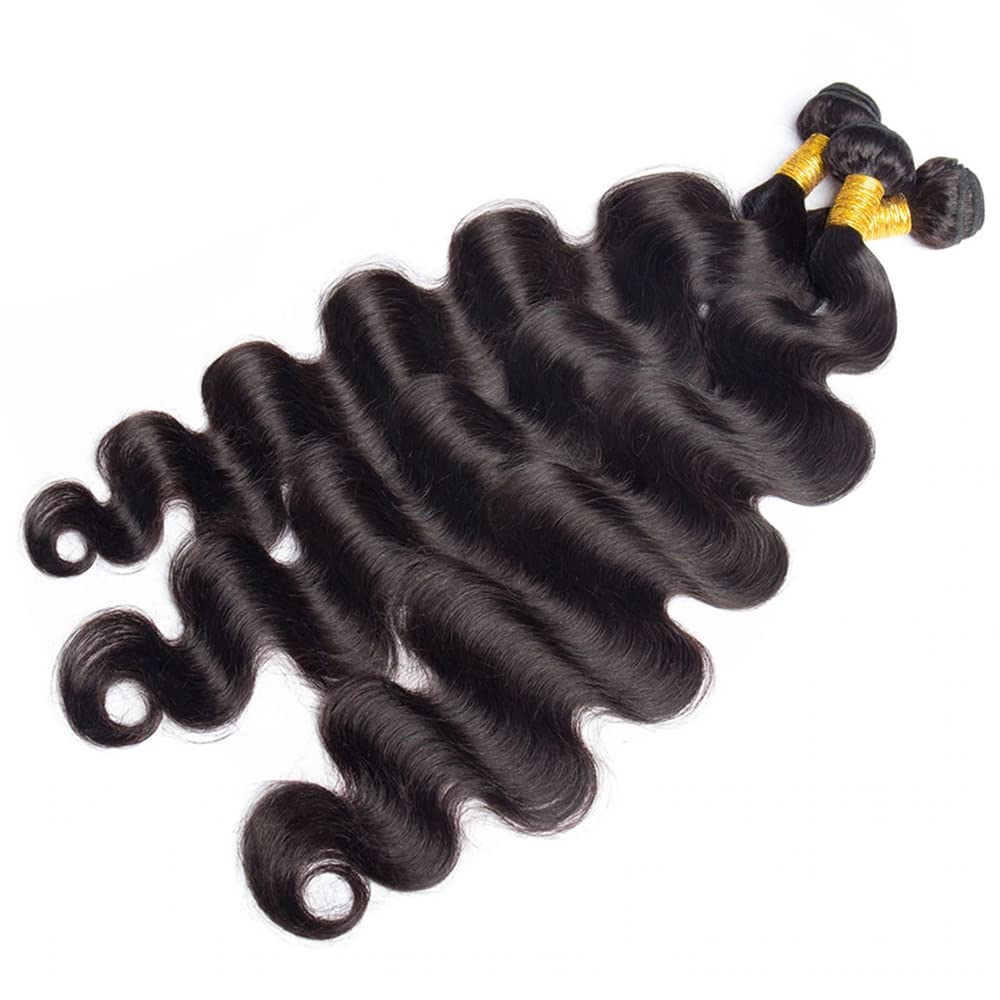 Mrladgo Body Wave Human Hair Bundles with Closure 100% Unprocessed Brazilian Virgin Human Hair 3 Bundles Body Wave with 4X4 Free Part Lace Closure Natural Black Hair Extension