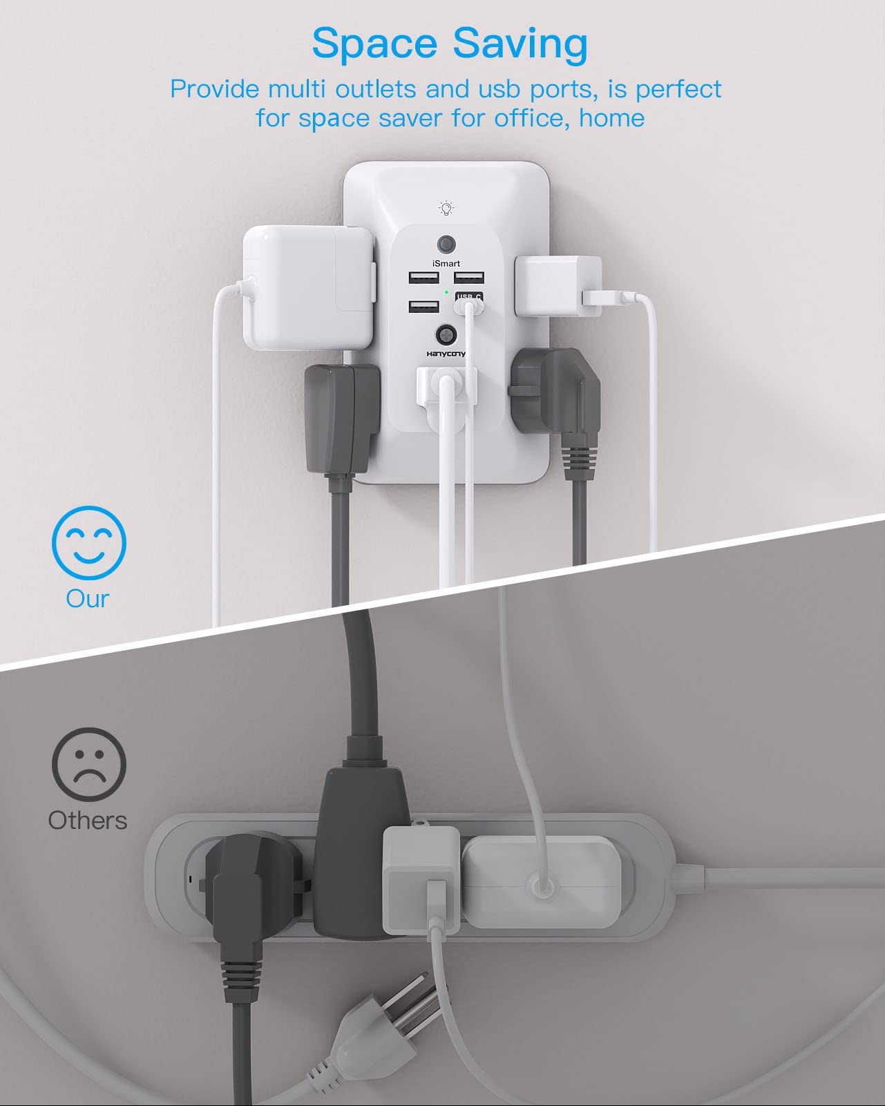 Outlet Extender with Night Light, HANYCONY Multi Plug Outlet, USB Wall Charger Surge Protector 4 USB Ports(1 USB C), Power Strip Electrical Outlet Splitter Expander for Home Office Dorm Room, ETL