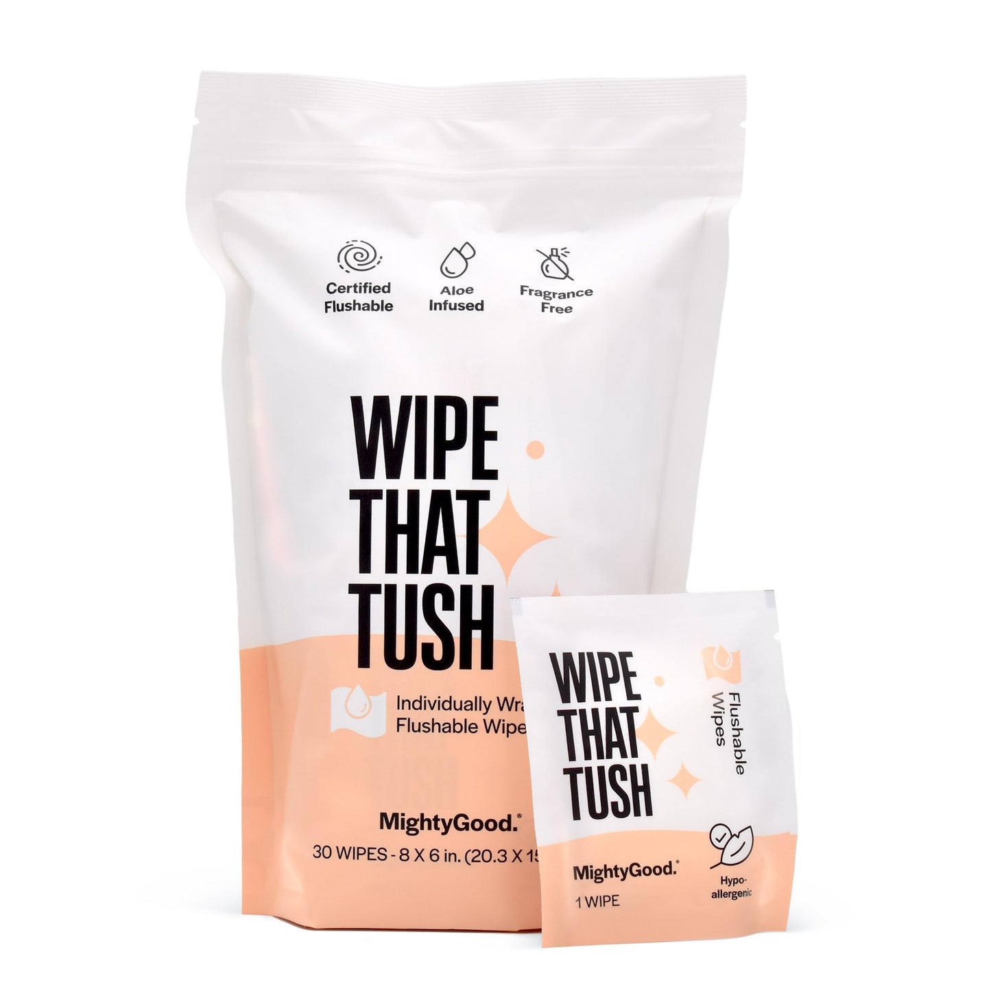 Wipe That Tush On-The-Go Flushable Wet Wipes - 1 Pack, 30 Wipes - Individually Wrapped Extra-Large Wipes with Aloe - Hypoallergenic & Unscented - Septic and Sewer Safe