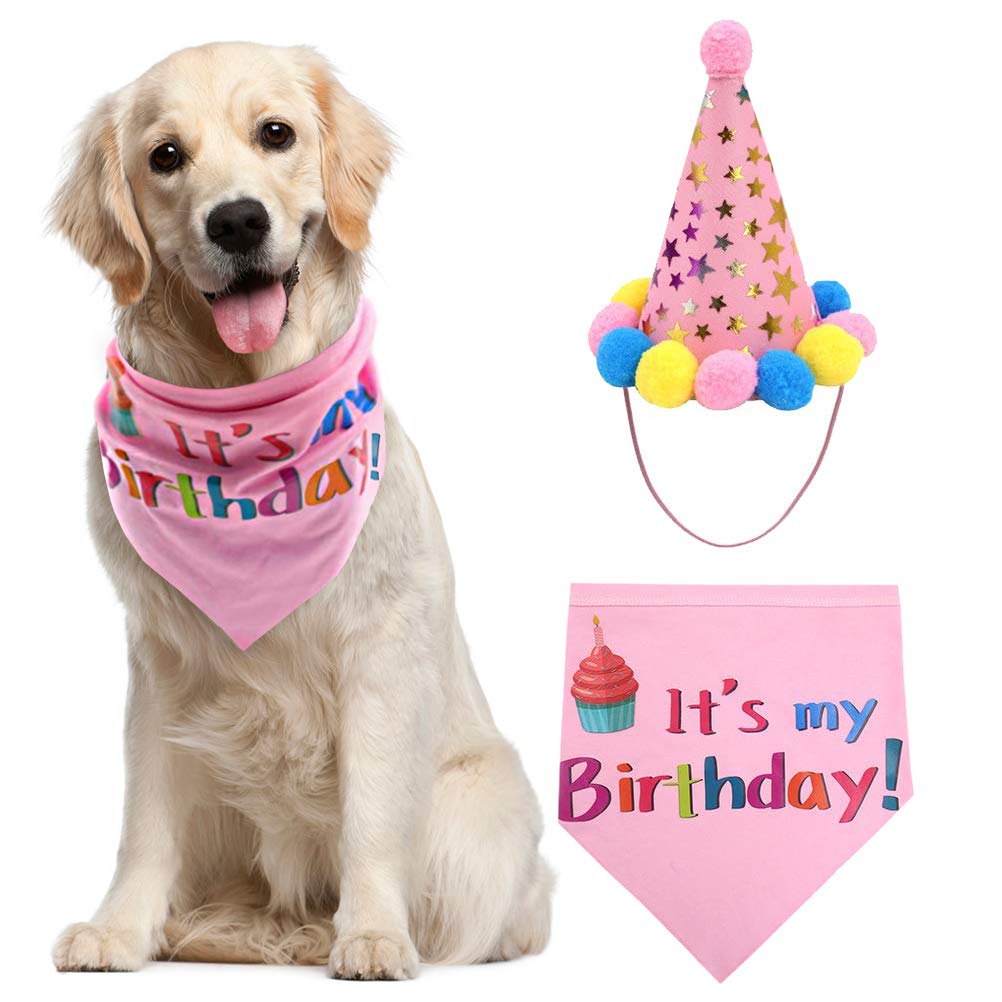 PUPTECK Dog Birthday Bandana Scarf with Cute Doggy Party Hat, Costume Decorations Supplies for Small Medium Large Dogs Boy Girl Outfit Gifts, Pink