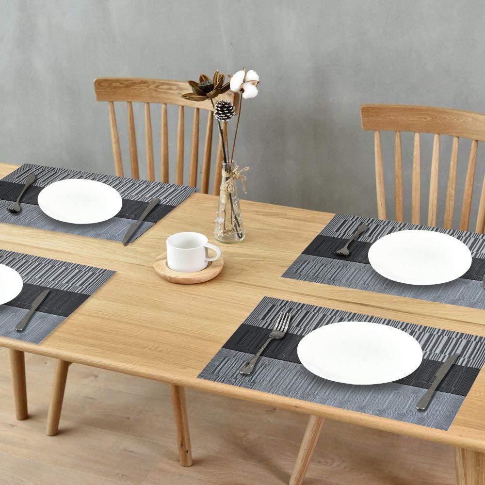 GIVERARE Placemats Set of 4, Heat-Resistant Woven Vinyl Placemat, Non-Slip Washable PVC Table Mat, Easy to Clean Premium Plastic Mats for Dining, Kitchen Table (Black+Gray)
