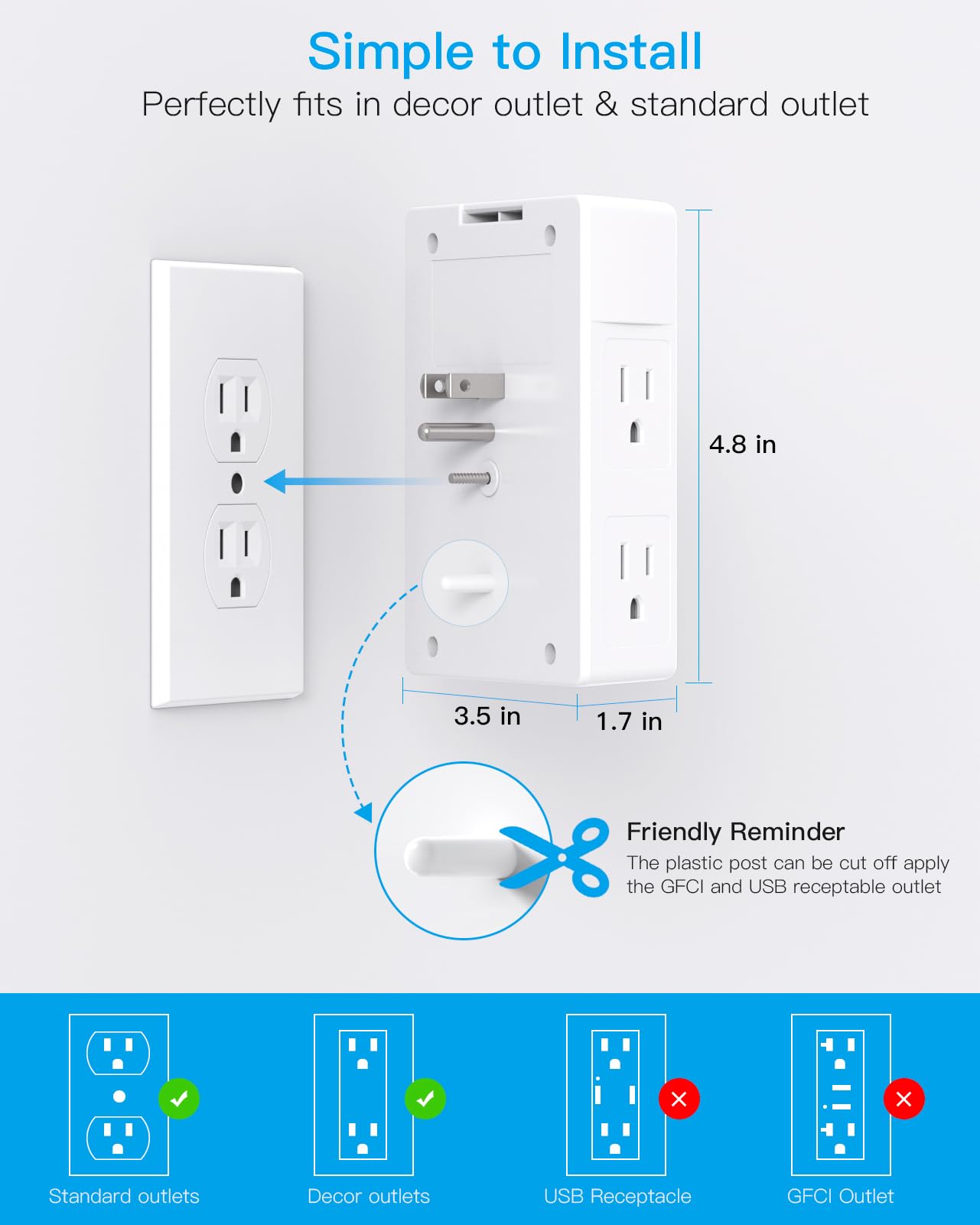 Multi Plug Outlet, Surge Protector, 5 Outlet Extender with 4 USB Charging Ports (2 USB C), USB C Wall Charger, 3-Sided 1800J Power Strip Outlets Splitter Wall Plug Adapter Spaced for Dorm Home Office