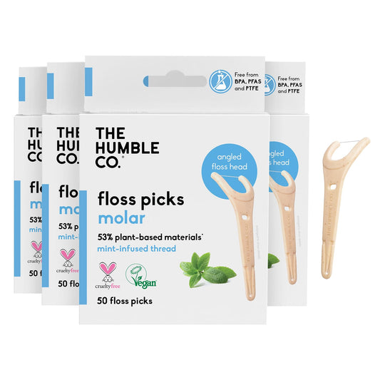 The Humble Co. Floss Picks (200 Count) – Plant Based Dental Floss Picks with Grip Handle for Superior Oral Care, Dental Hygiene, and Gum Health, Cruelty Free Tooth Floss Picks (Mint)