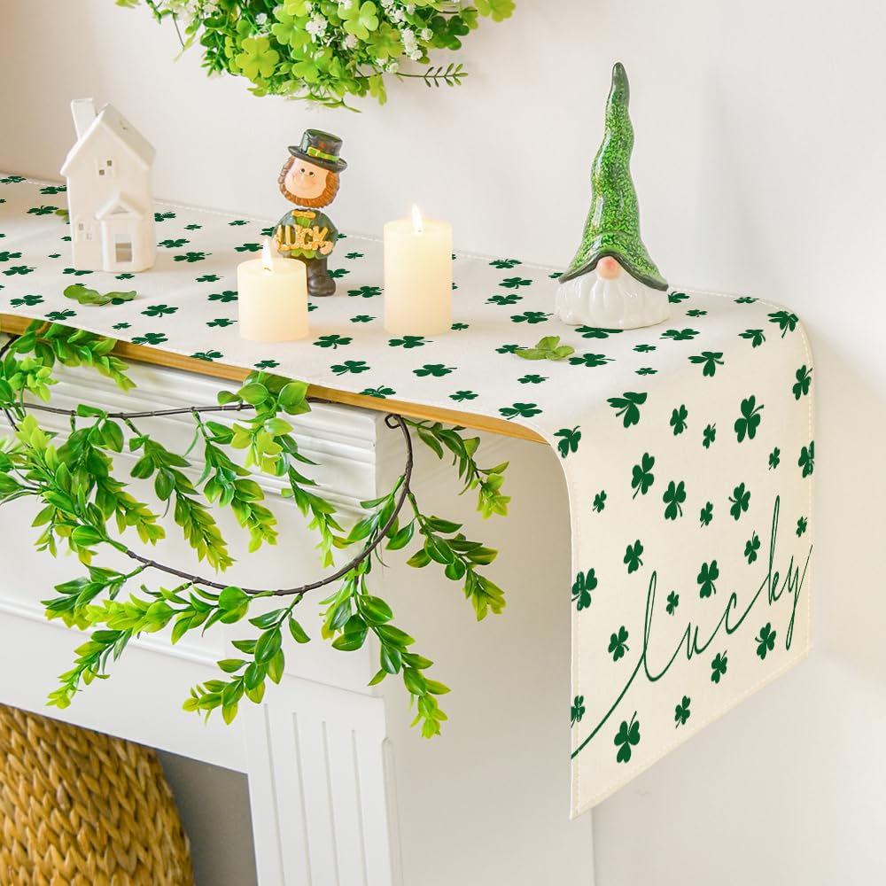 Artoid Mode Beige Lucky Shamrock St. Patrick's Day Table Runner, Seasonal Spring Holiday Kitchen Dining Table Decoration for Indoor Outdoor Home Party Decor 13 x 36 Inch