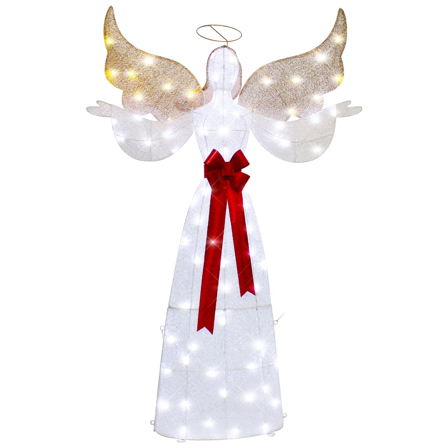 VIKIMORA 65" Lighted Angel Christmas Decoration, 3D Halo Angel with Golden Wings, White LED Lights, Outdoor/Indoor Use