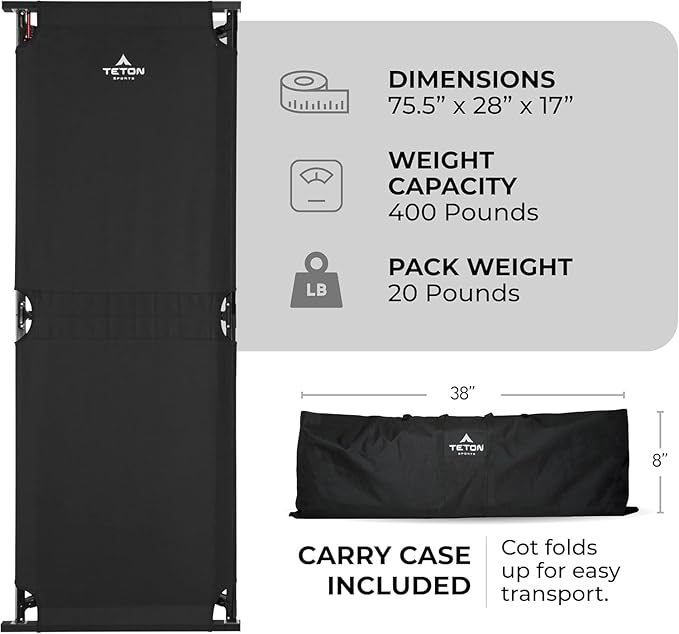 Teton Camping Cot with Patented Pivot Arm, Folding Camping Cot, Durable Heavy Duty Canvas, Comfortable Sleeping Bed for Adults, Portable