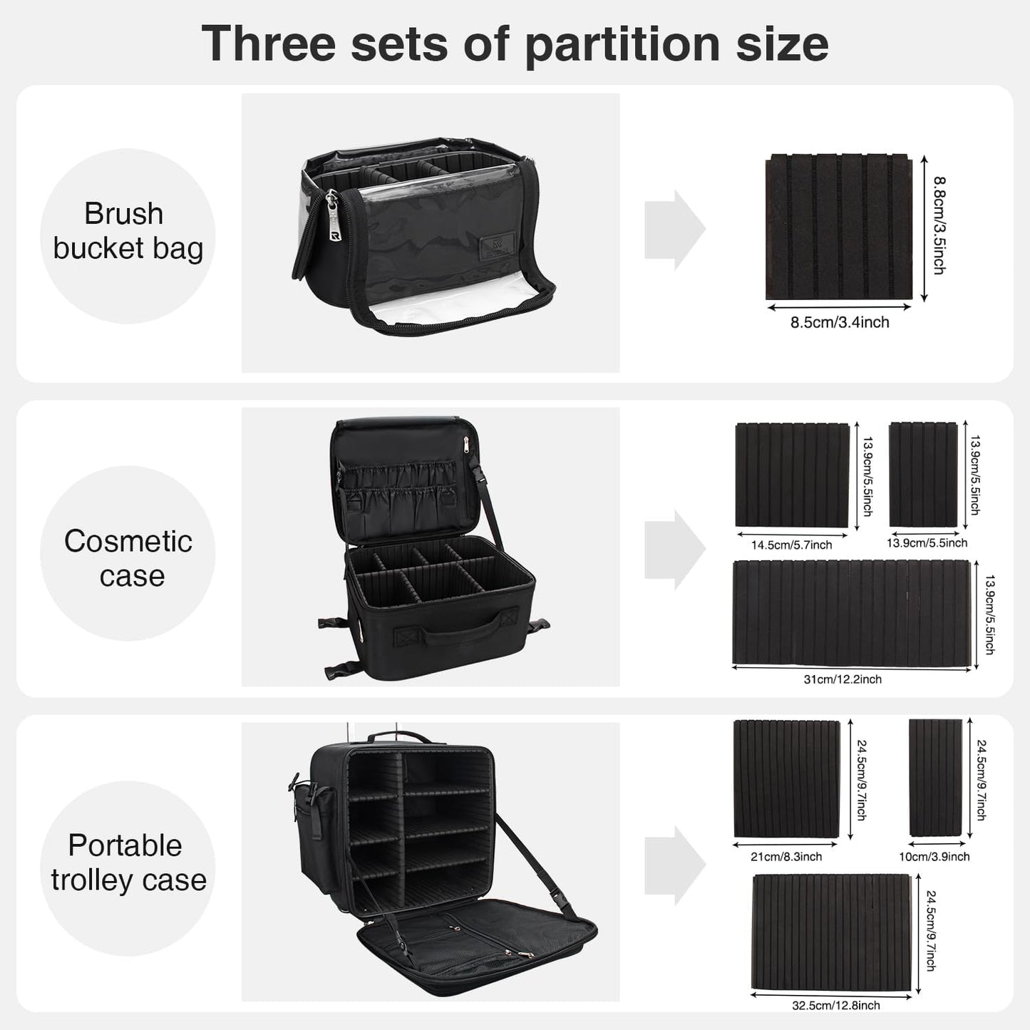 Relavel Rolling Makeup Case Professional Makeup Train Case Makeup Artist Travel Organizer 5 in 1 with Detachable Cosmetic Case and Dual Makeup Brush Case and Wheels (Black, 4-Pack)