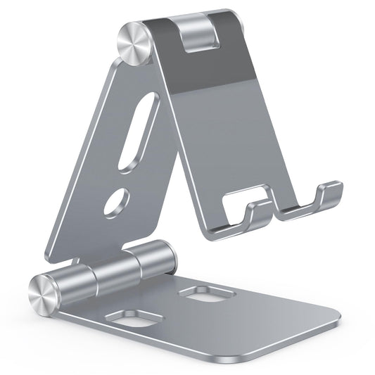 OMOTON Foldable Cell Phone Stand, C4 Portable Aluminum Phone Holder, Adjustable Phone Dock Cradle Compatible with iPhone 16/15/14/13 Pro Max, Samsung Galaxy, Small Tablets, All Smart Phones, Silver