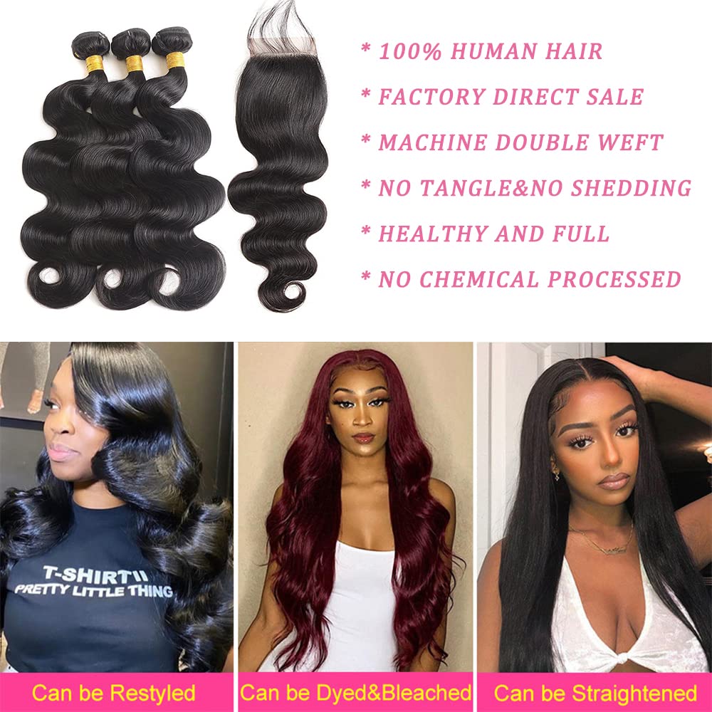 Mrladgo Body Wave Human Hair Bundles with Closure 100% Unprocessed Brazilian Virgin Human Hair 3 Bundles Body Wave with 4X4 Free Part Lace Closure Natural Black Hair Extension