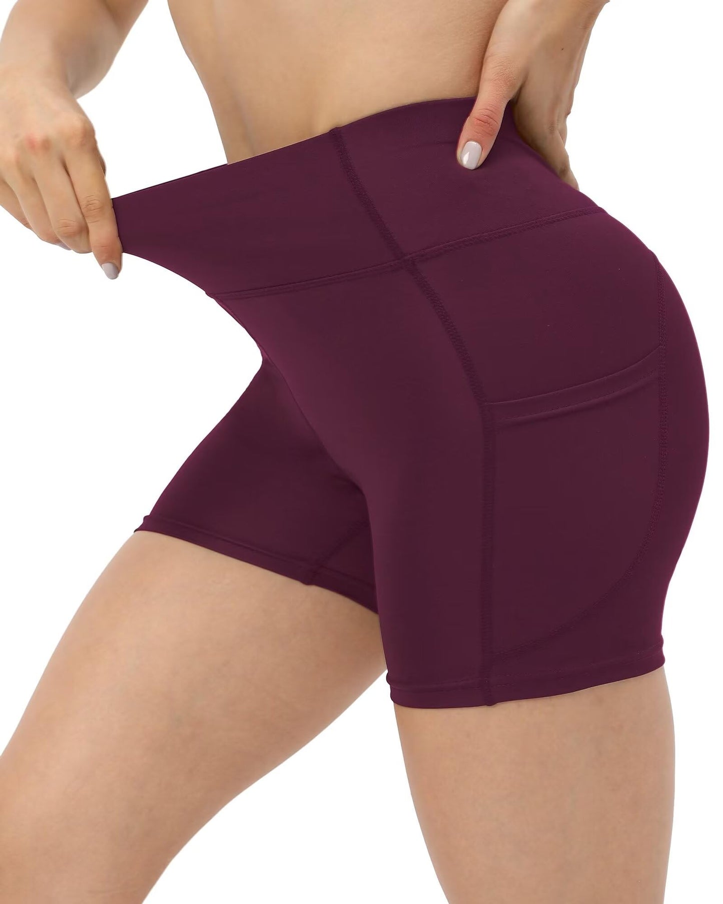 JCFSYXGS Workout Yoga Biker Shorts for Women with Pockets,Soft High Waisted Tummy Control Running Gym Shorts Wine Red