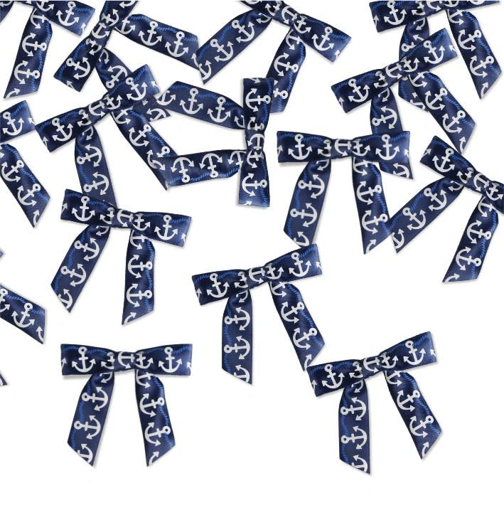 Meseey 30 Pcs Nautical Ribbon 3 Inch Navy Blue White Stripes Anchor Twist Tie Bows for for Beach Coasta Gift Wrapping, Baby Shower,Wedding, Party Favors, Cake Pops,Treat Bags (Nautical Bow)
