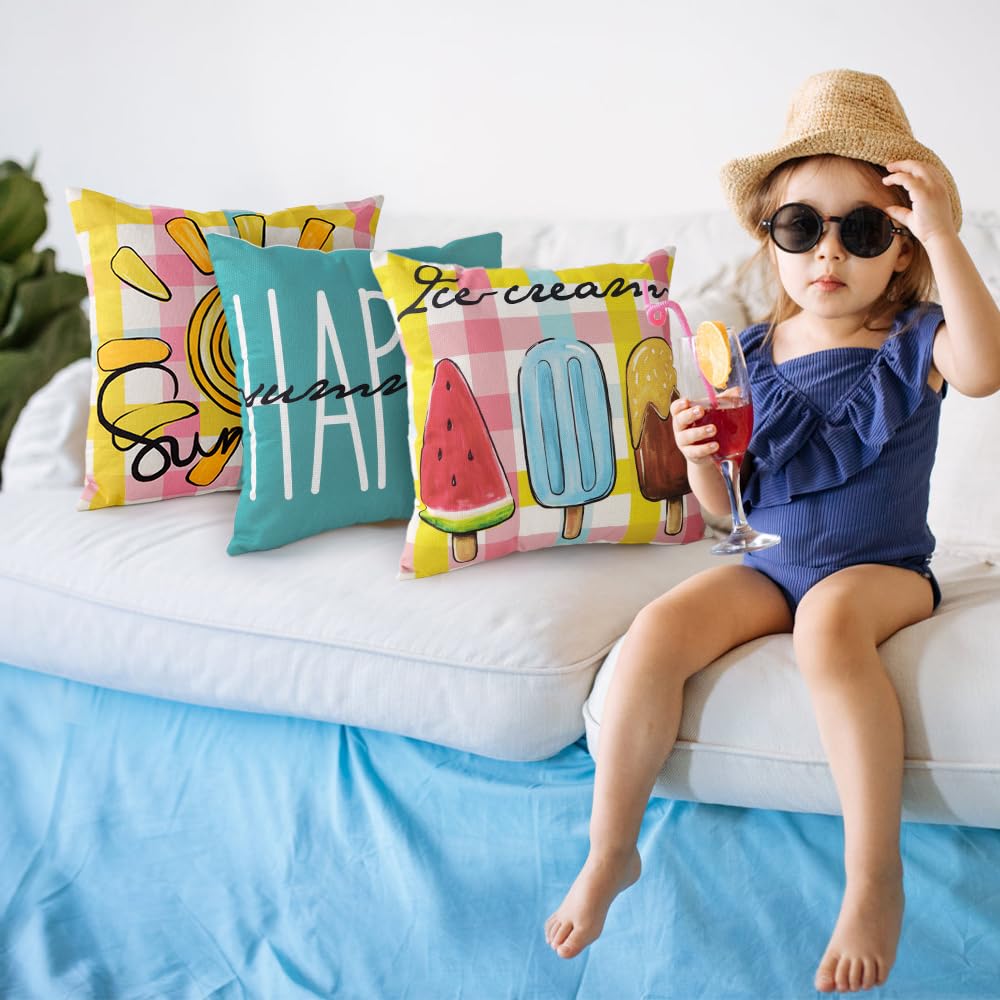 Vellibring Summer Pillow Covers 18x18 Happy Summer Throw Pillow Covers Hello Sunshine Ice Cream Pillow Covers for Farmhouse Decoration Indoor Outdoor Home Decor