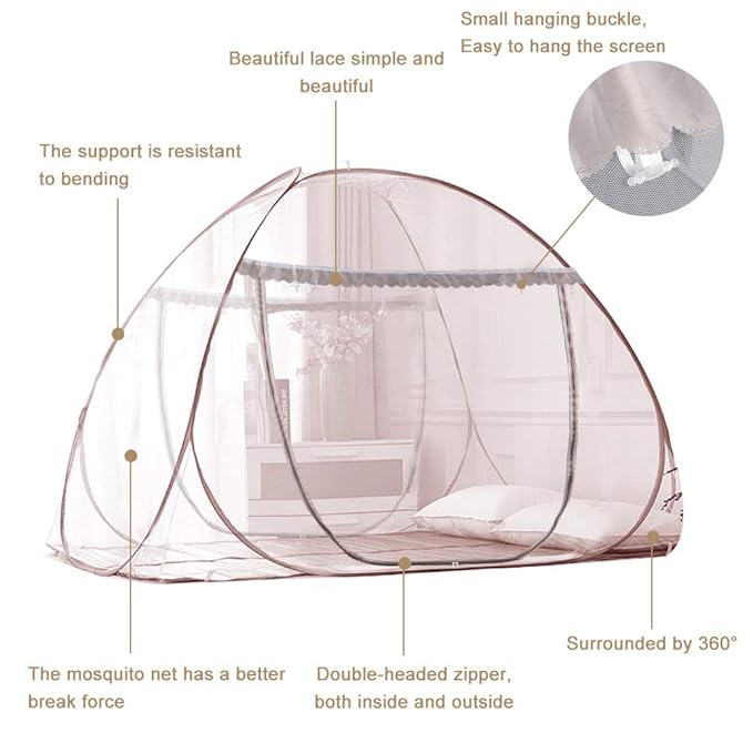 Portable Pop-Up Brown Mosquito Net Tent for Bed, L79 x W71 x H59 inch Large Folding Mosquito Netting with Net Bottom, 2 Entries, Suit for Twin to King Size Bed