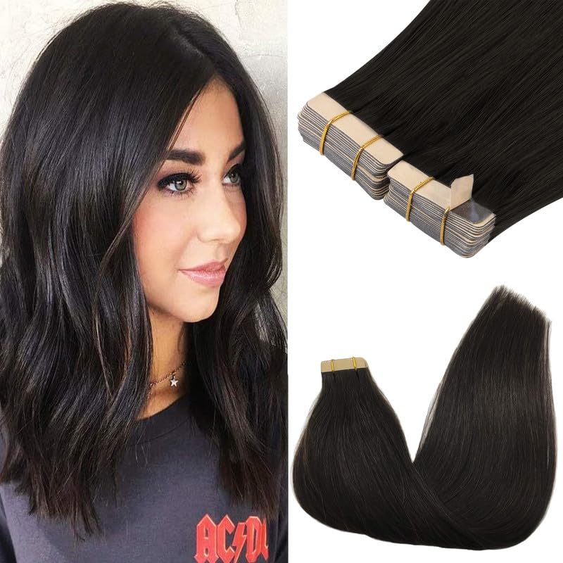 GOO GOO Tape in Hair Extensions Human Hair, 1B Natural black, 20inch 100g 40pcs, Thick Ends Straight Seamless Tape in, Invisible Tape in Hair Extensions Human Hair