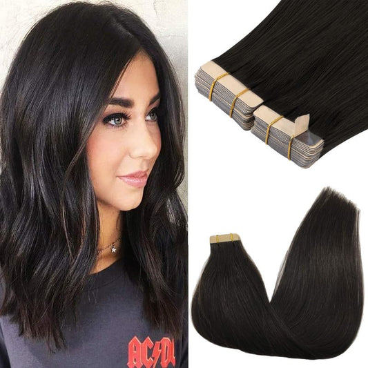 GOO GOO Tape in Hair Extensions Human Hair, 1B Natural black, 20inch 100g 40pcs, Thick Ends Straight Seamless Tape in, Invisible Tape in Hair Extensions Human Hair
