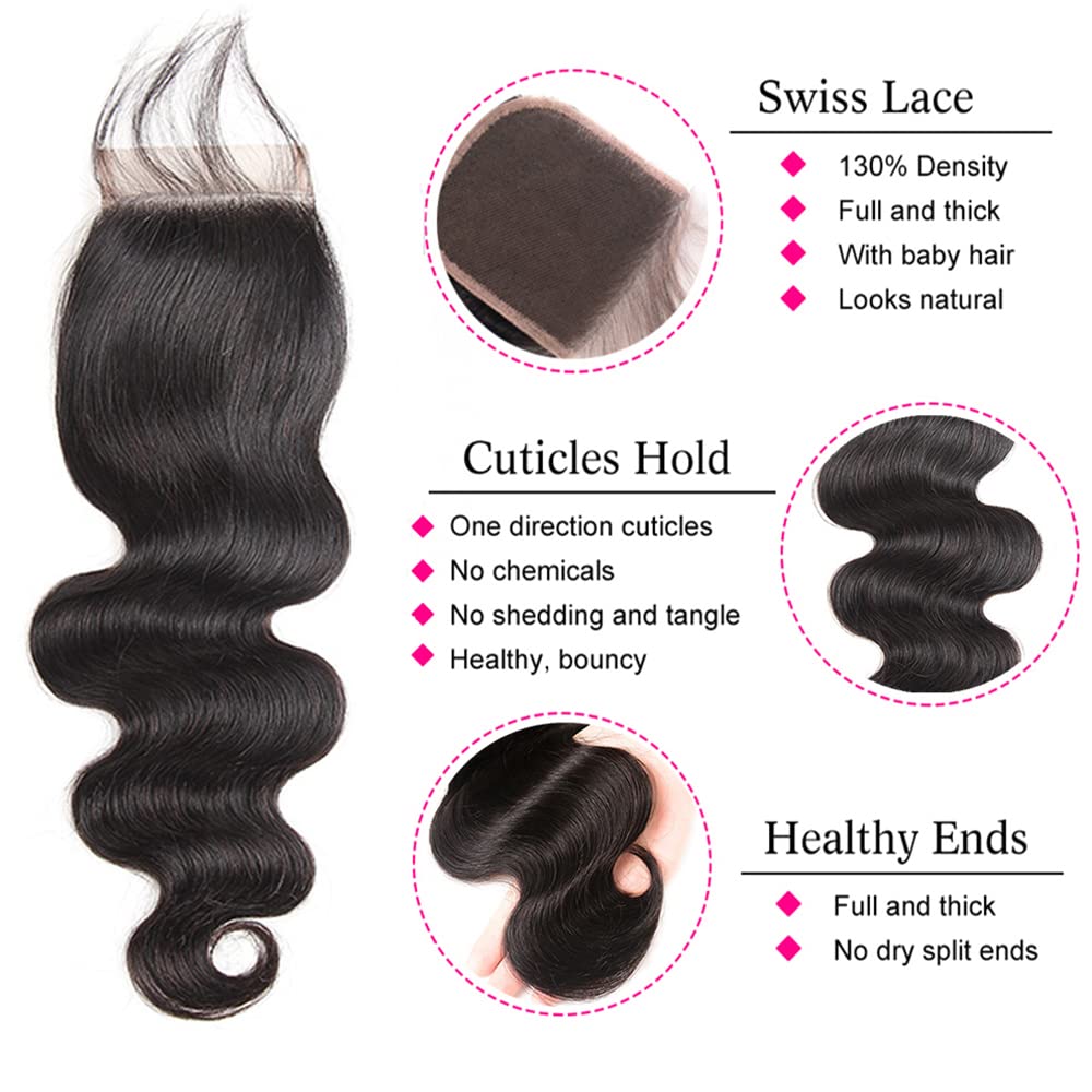 Mrladgo Body Wave Human Hair Bundles with Closure 100% Unprocessed Brazilian Virgin Human Hair 3 Bundles Body Wave with 4X4 Free Part Lace Closure Natural Black Hair Extension
