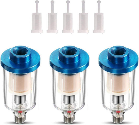 3Pack Oil Water Separator for Air Line,1/4'' NPT Inlet and Outlet, Air Line Compressor Fitting Spray Gun,Use on Air-Compressor Tools and Air-Tool Accessory (With 5Pcs Spray Gun Filters)