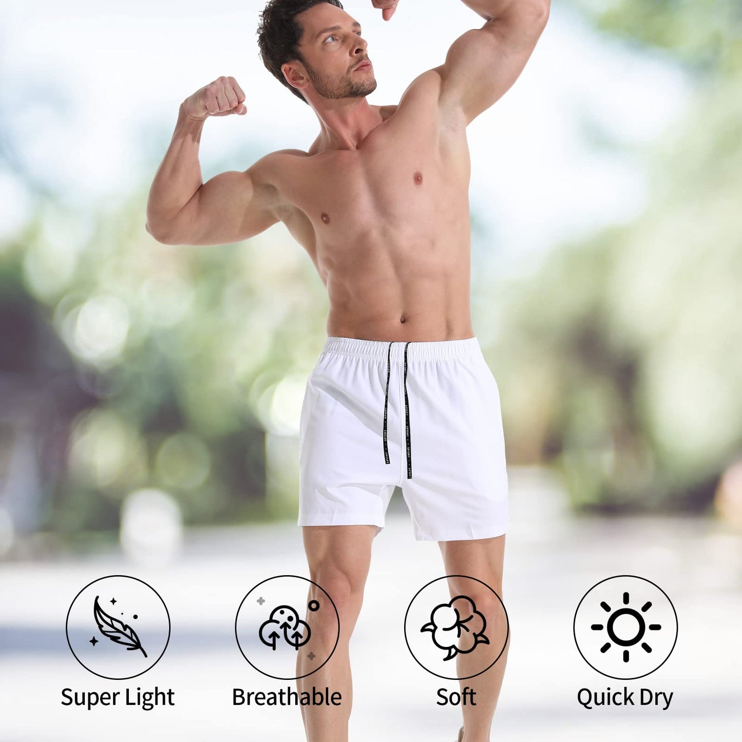 VPOS Gym Shorts for Men 5 Inch - Lightweight Mens Athletic Shorts Quick Dry Workout Running Shorts with Zipper Pockets (White, Large)