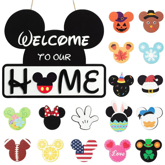 FUEMEILY Cute Mouse Interchangeable Seasonal Welcome Door Sign for Front Door Decor, Interchangeable Welcome to Our Home Sign for Farmhouse Wall Porch Decor, Housewarming Gift
