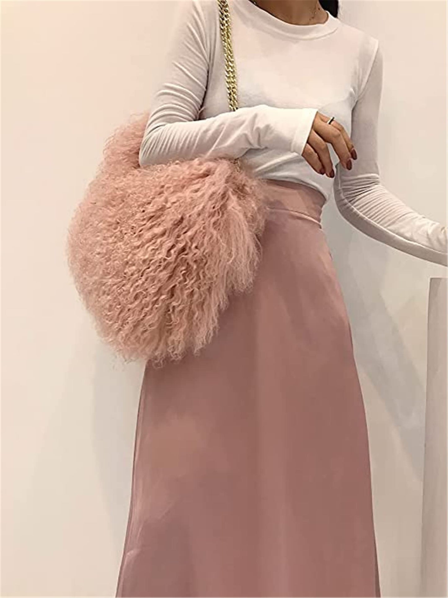ME-01 Big Fluffy Fur Handbag With Real Mongolian Lamb Fur Long Curly Hair And Long Exchangeable Silver Chain Luxury Shoulder Bag Furry Clutch For Women (One Size, Apricot)