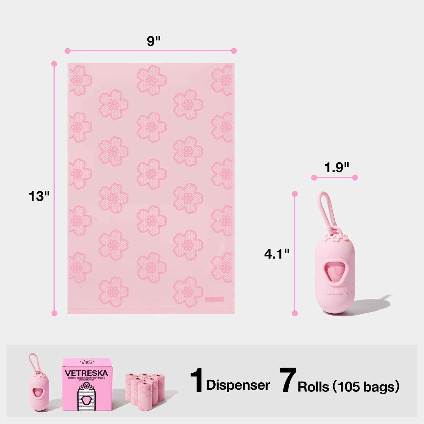 VETRESKA Dog Poop Bag Dispenser with Cherry Blossom Scented Poop Bags, Leak Proof and Extra Thick Pet Waste Bags, 1 Poop Bag Holder and 105 Bags for Dog Walking and Cats Litter, Pink