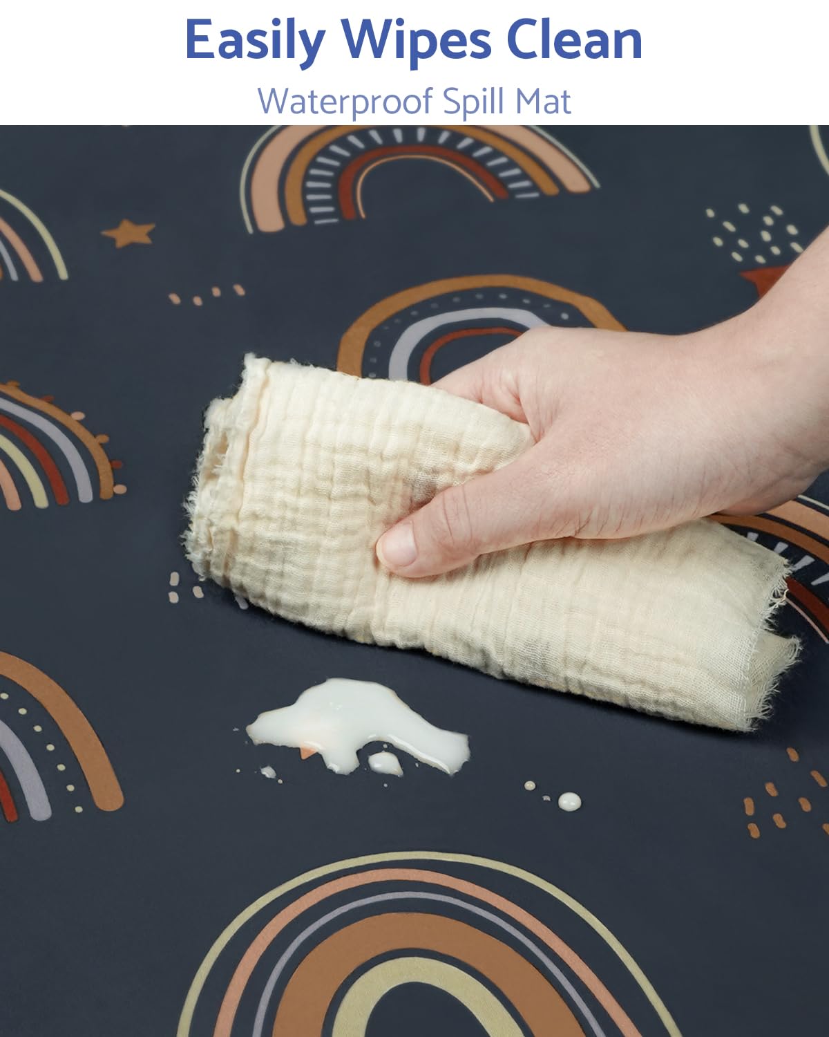 Blissful Diary Baby Splat Mat for Under High Chair, 50.4 x 50.4 Inch Wipeable Splash Mat, Waterproof and Washable, Anti-Slip Floor Protector, Retro Rainbow