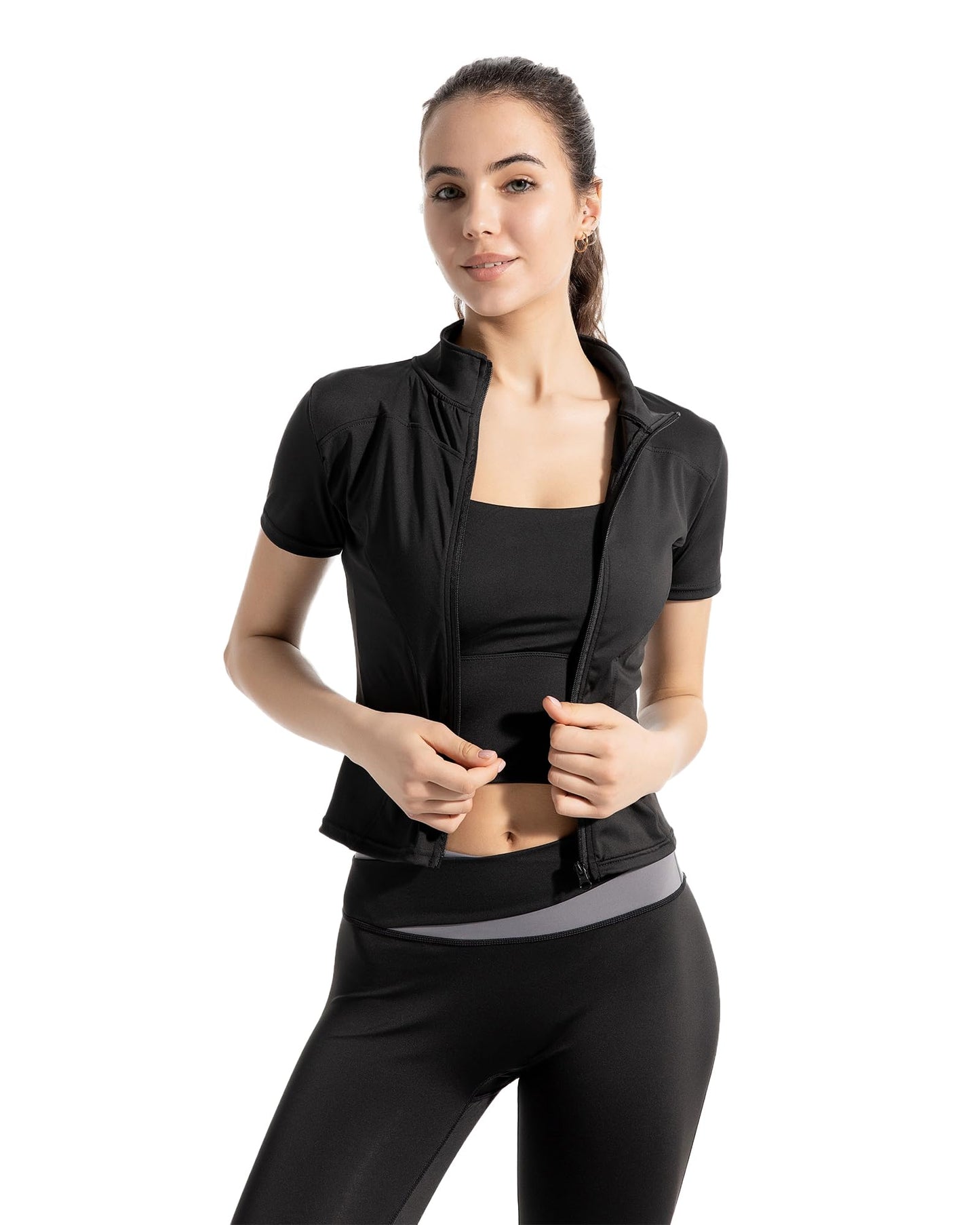 miswek Women's Short Sleeve Slim Fit Athletic Jacket Full Zip Workout Tops Solid Color Fitness Clothing(Black L)