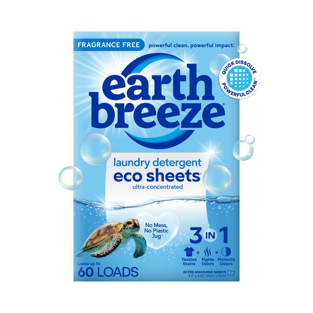 Earth Breeze Laundry Detergent Sheets Fresh Scent - 60 Loads Eco Liquidless Soap - Travel-Friendly for Hot & Cold Cycles, Tackles Tough Stains & Odors - Gentle on Skin, 30 Ct