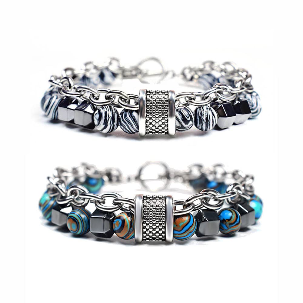 Nainsect Bead Bracelets Malachite Bracelet Metal Beads Hip Hop Gallstone Beaded Chain Bracelet Mens Beads Stretch Bracelet 2 PCS (Green+white)