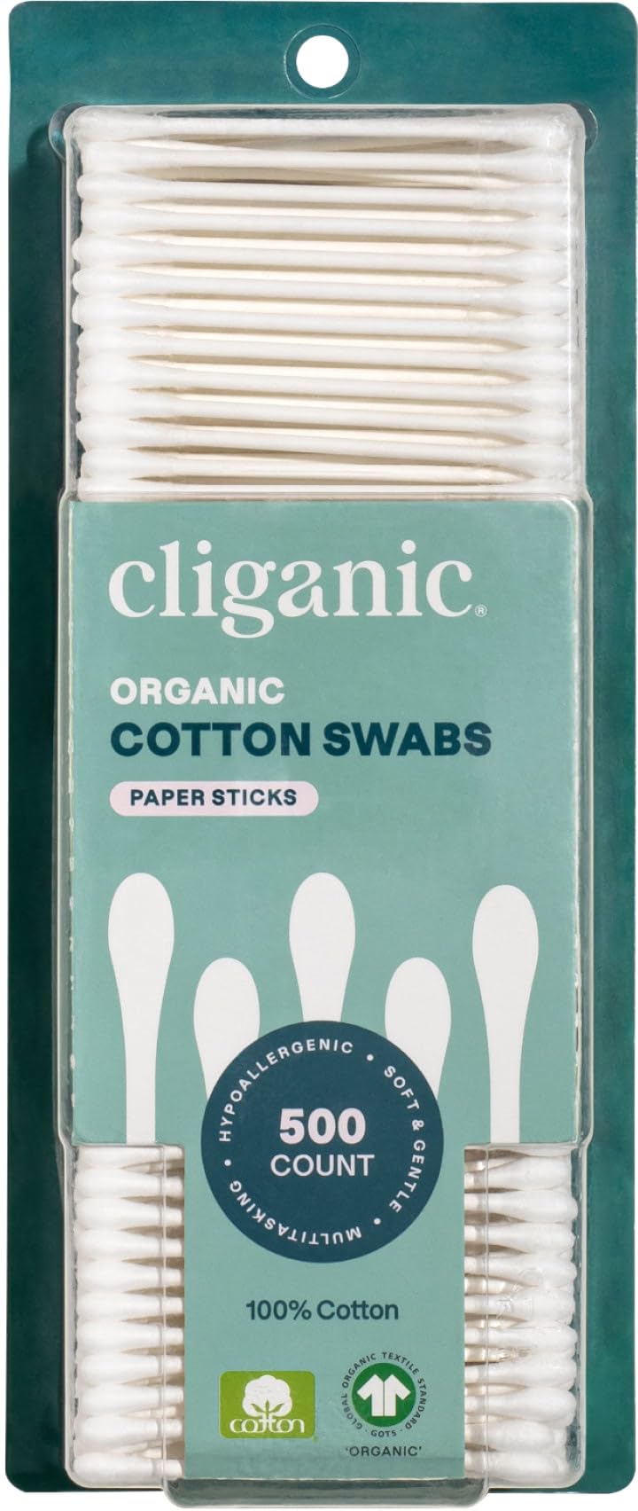 Cliganic Organic Cotton Swabs, 500 Count - 100% Pure Natural Cotton, Chlorine-Free Hypoallergenic, Soft, Gentle & Absorbent Buds