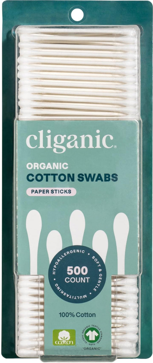 Cliganic Organic Cotton Swabs, 500 Count - 100% Pure Natural Cotton, Chlorine-Free Hypoallergenic, Soft, Gentle & Absorbent Buds