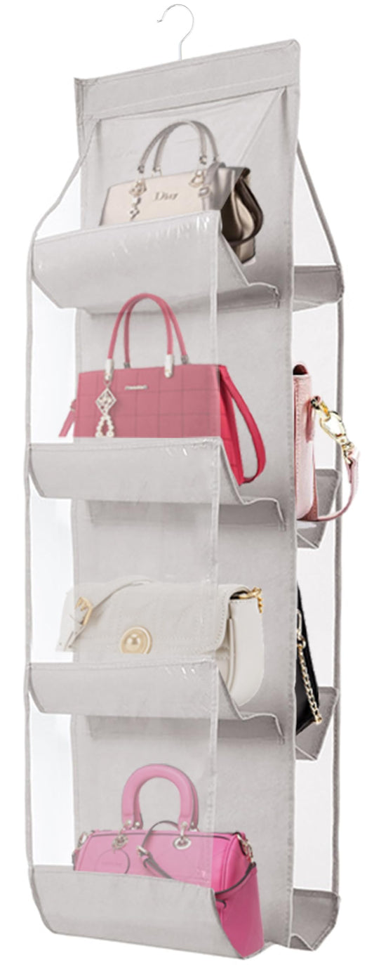 AARAINBOW 1 Pack Hanging Handbag Purse Organizer, Bags Organizor for Purse 8 Pockets Wardrobe Closet Space Saving Handbag Storage, 44.5L x 13.5W (B-Light Gray)