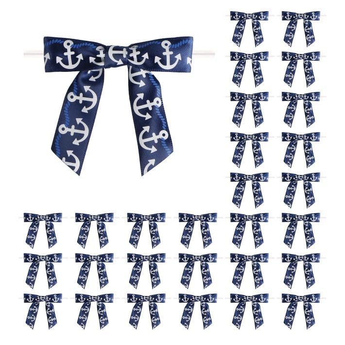 Meseey 30 Pcs Nautical Ribbon 3 Inch Navy Blue White Stripes Anchor Twist Tie Bows for for Beach Coasta Gift Wrapping, Baby Shower,Wedding, Party Favors, Cake Pops,Treat Bags (Nautical Bow)