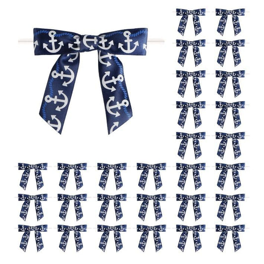 Meseey 30 Pcs Nautical Ribbon 3 Inch Navy Blue White Stripes Anchor Twist Tie Bows for for Beach Coasta Gift Wrapping, Baby Shower,Wedding, Party Favors, Cake Pops,Treat Bags (Nautical Bow)