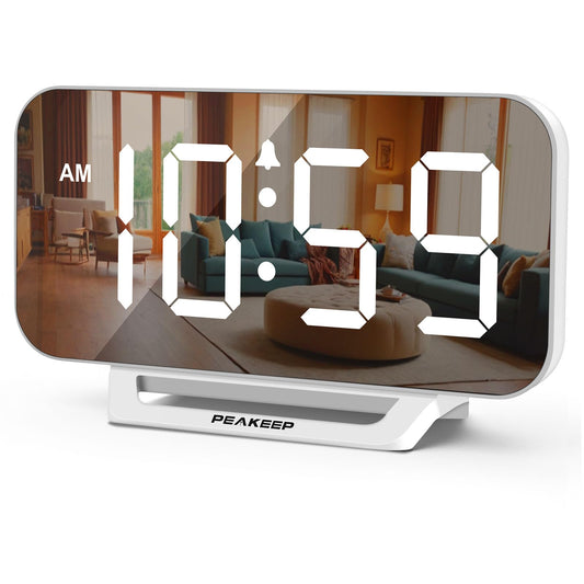Peakeep Slim Digital Mirror Clock, Aesthetic Alarm Clock for Desk - Plug in Electric Clock Big LED Modern Decorative Small Table Clock for Office Living Room, Battery Backup, 6 Dimmers (Gold)