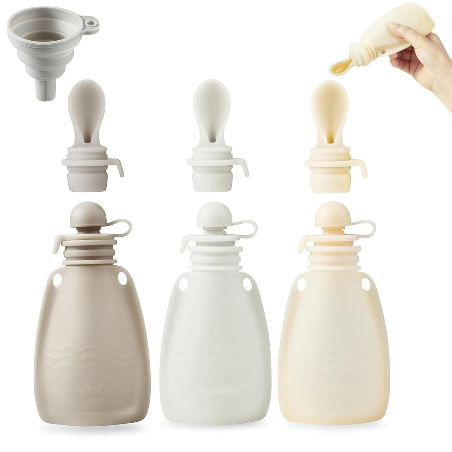 PandaEar 3 Pack Silicone Baby Food Pouches, Reusable Squeeze Pouches for Toddler with 3 Silicone Puree Feeder Spoon, BPA-Free Silicone Refillable Infant Food Storage, 5.5 oz (Light Tan&Walnut&Grey)