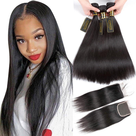 QTHAIR 16A Straight Human Hair Bundles with Closure(18 20 22+16,Free Part,Natural Black) Indian Straight Virgin Hair with 4x4 Lace Closure Frontal 100% Unprocessed Human Hair Weave with Closure