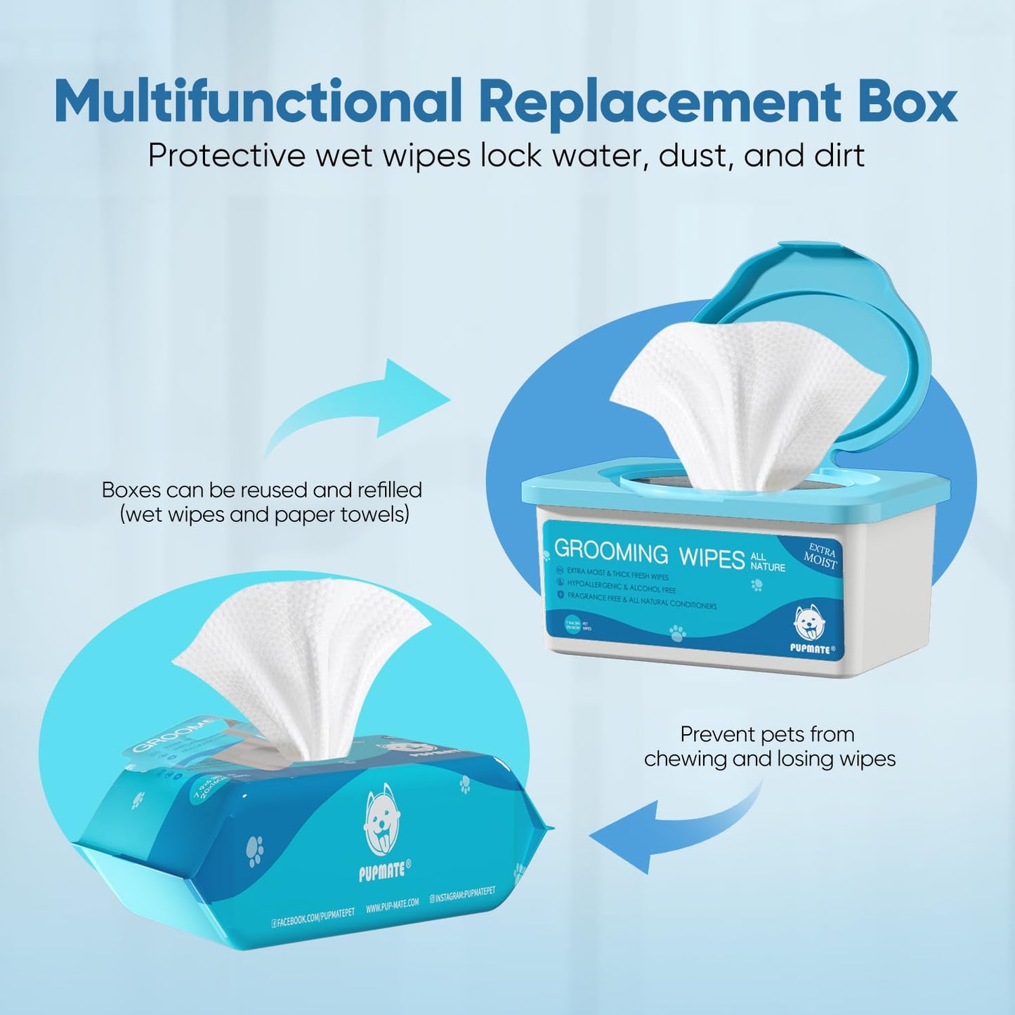 PUPMATE Pet Wipes for Dogs & Cats, Extra Moist & Thick Grooming Puppy Wipes with 100 Fresh Counts, Aloe Vera/Nature