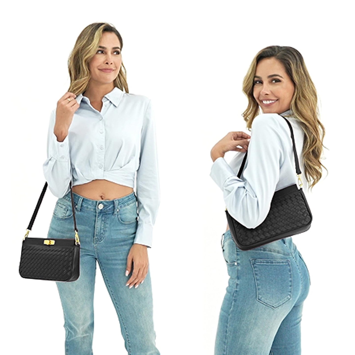 Shoulder Bag for Women Weave Lightweight Tote Bags Vegan Leather Handbags Handmade Cute Bags Sling Purse with Pocket Black