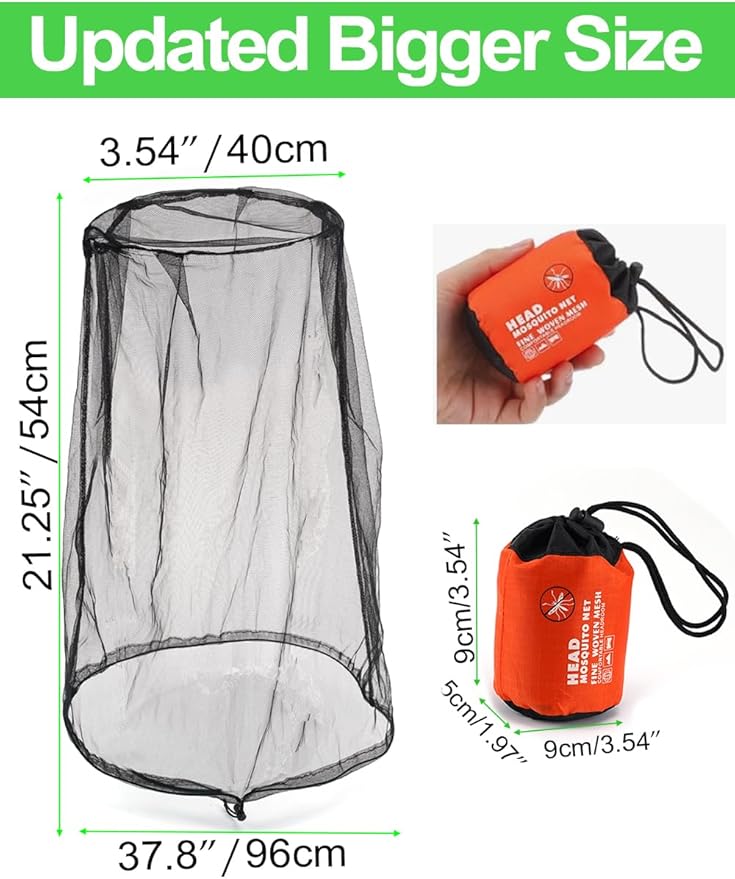 Wohohoho Mosquito Head Net Mesh With Drawstring, Bug Face Shield for Hats, Beekeeper Mask Protection for Men & Women Against Midges, Bugs & Gnats (2 Packs, Black, Updated Big Net)
