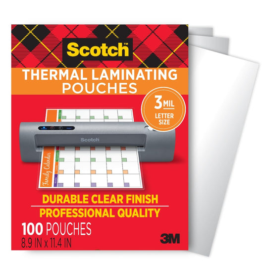 Scotch Thermal Laminating Pouches, 100 Count, Clear, 3 mil, Laminate Business Cards, Small Banners, Essays, Office or School Supplies, Fits Letter Size 8.9x11.4 in Paper