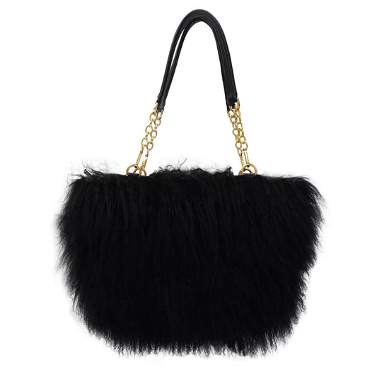 FINILUO Big Fur Tote Bag Curly Lamb Hair Furry Purse with Genuine Leather Handles Plush Black Fur Handbag (black)