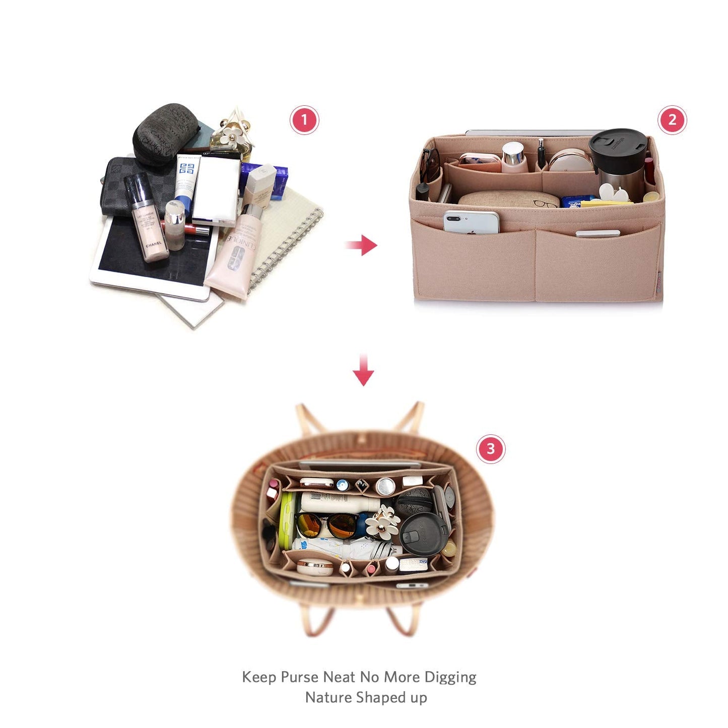 ZTUJO Felt Purse Organizer, Multi Pocket Bag in Bag Organizer For Tote & Handbag Shaper, Speedy 30, Speedy 35 and Speedy 40 (Medium, Beige)