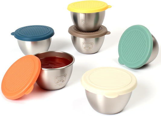 6x2.2oz Salad Dressing Containers With 6-Color Lids, Small Condiment Containers with Leakproof Silicone Lids, Reusable Stainless Steel Sauce Cups,For Lunch Boxes,Picnics,Meal Prep and Storage