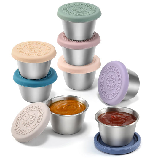 VITEVER [6 Pack] Salad Dressing Container To Go, 1.6 oz Small Condiment Containers with Lids, Reusable Stainless Steel Sauce Cups , Leakproof Silicone Lids for Lunch Bento Box, Picnic and Travel