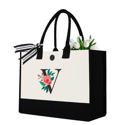 Initial Canvas Tote Bag, Personalized Birthday Gifts for Women Mom Friends Teachers, Monogrammed Tote Bags Suitable for Mother's Day Wedding Beach (Letter J)