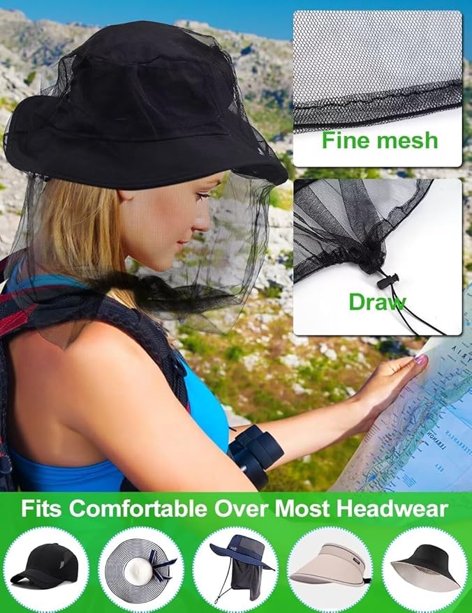 Wohohoho Mosquito Head Net Mesh With Drawstring, Bug Face Shield for Hats, Beekeeper Mask Protection for Men & Women Against Midges, Bugs & Gnats (2 Packs, Black, Updated Big Net)