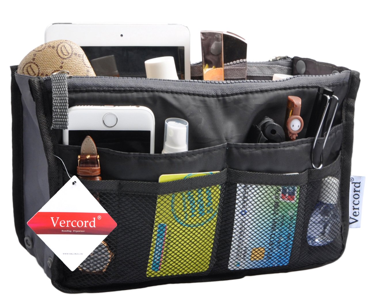 Vercord Purse Organizer Insert for Handbags Bag Organizers Inside Tote Pocketbook Women Nurse Nylon 13 Pockets Black Small