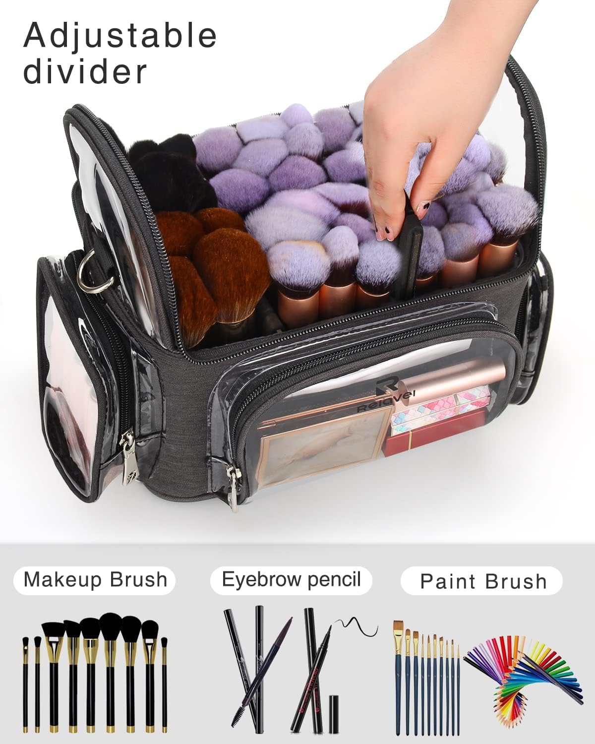 Relavel Rolling Makeup Train Case with Clear Makeup Brush Case, Hairstylist Traveling Bag with 4 Wheels, Heat Insulation Full Layer, Adjustable Dividers, Hair Tools and Cosmetics Storage Organizer
